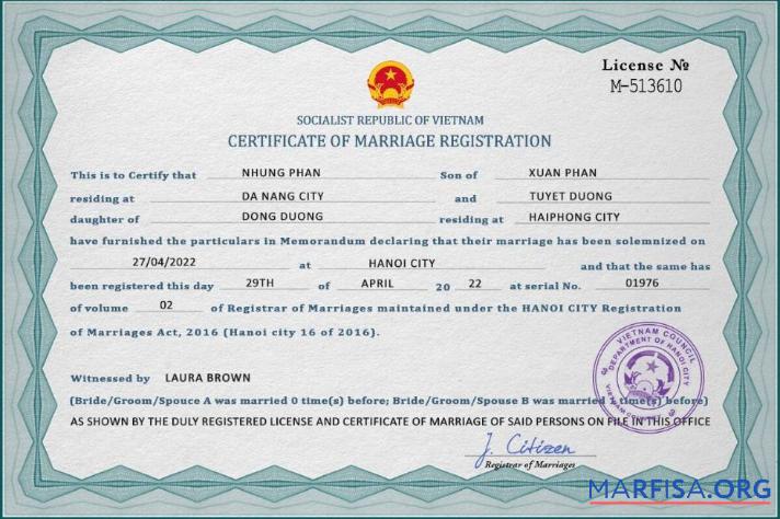 Blank Vietnam marriage certificate PSD template